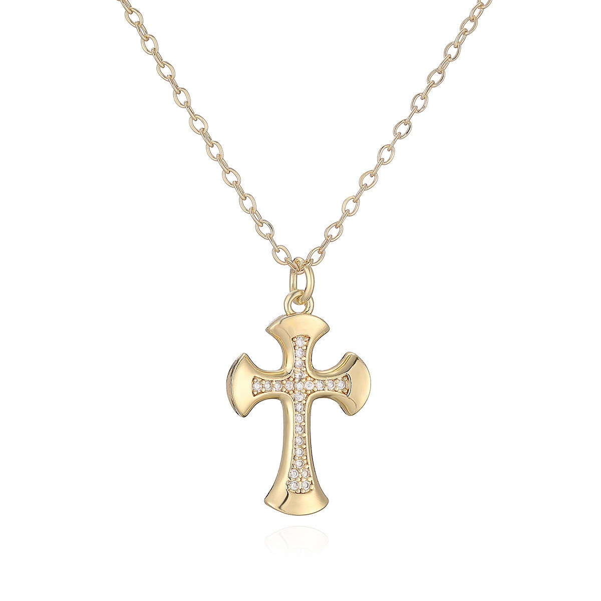 Minimalist 18K Gold Plated Brass Cross Pendant Necklace with Cubic Zirconia for Women