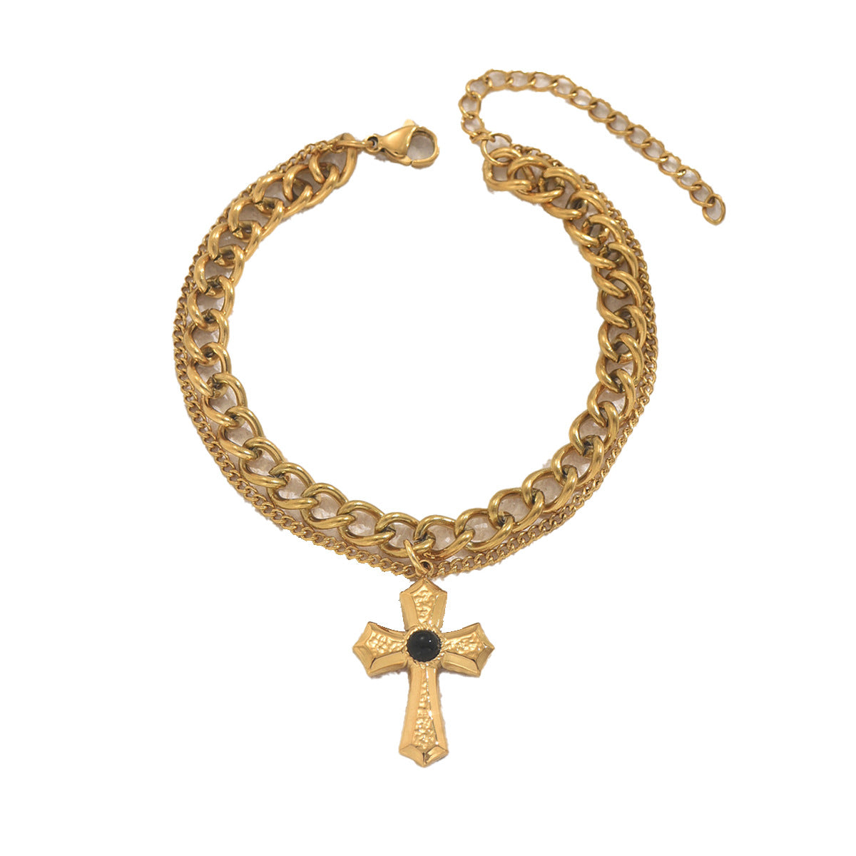 Pulsera geométrica de varias capas para mujer con colgante de cruz e incrustaciones de piedras preciosas en cobre