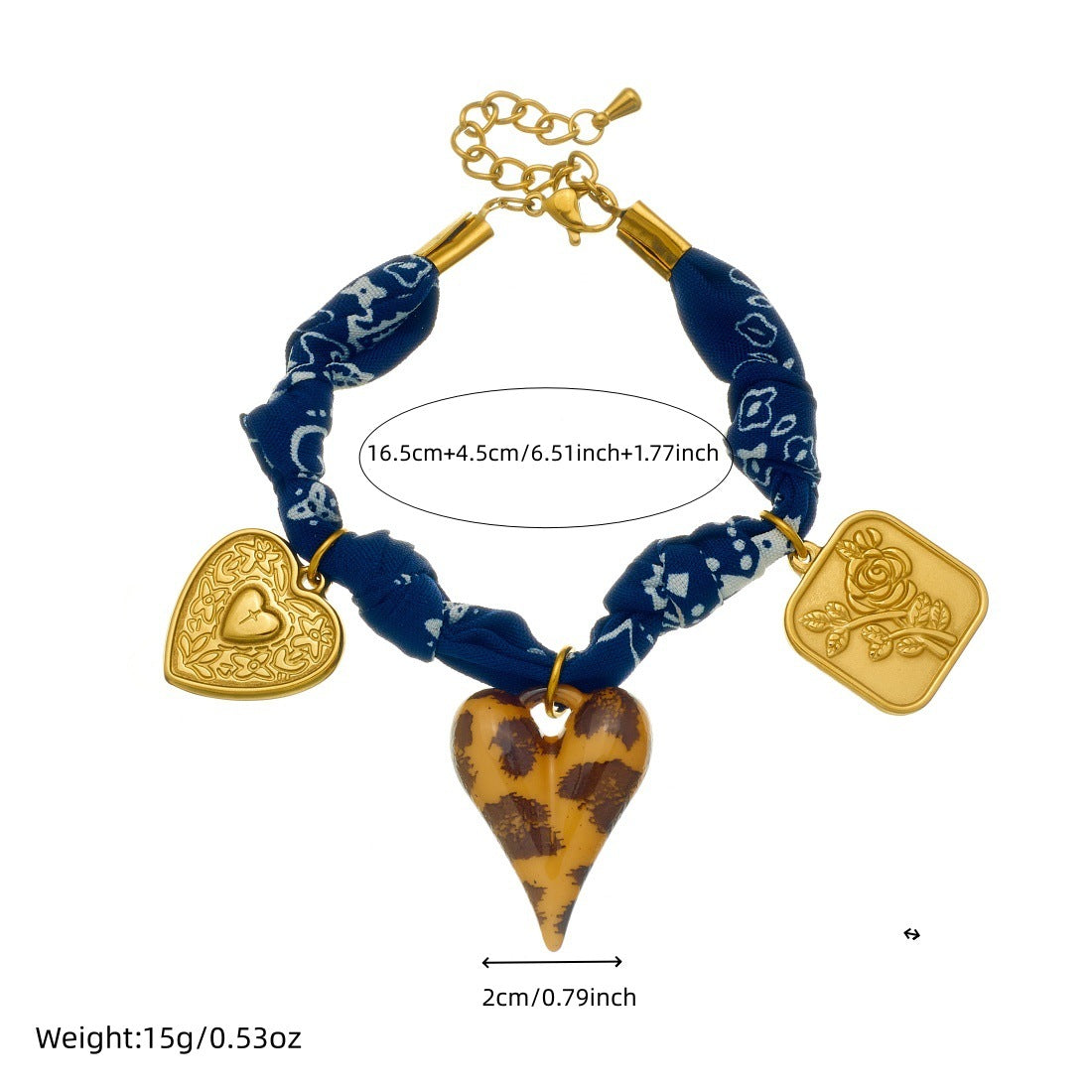 Vintage Luxury Heart Square Plated Stainless Steel Bracelet with Deep Blue Floral and Leopard Print Fabric Rope