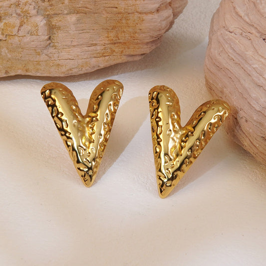 18K Gold Plated Stainless Steel Hammered V-Shape Heart Earrings