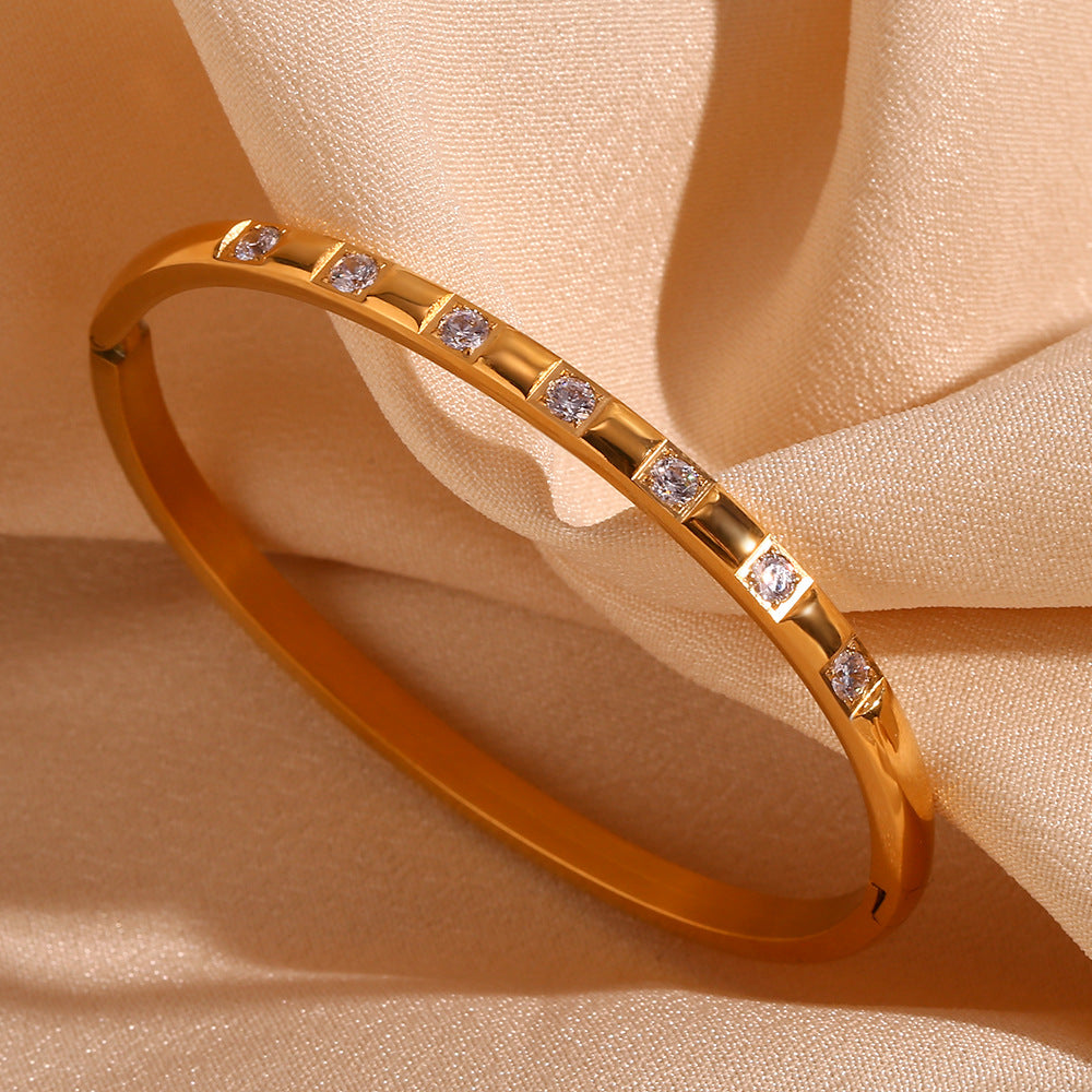 Minimalist Fashion Bracelet for Women Stainless Steel with 18K Gold Plating and Micro-Paved Zirconia Toggle Clasp