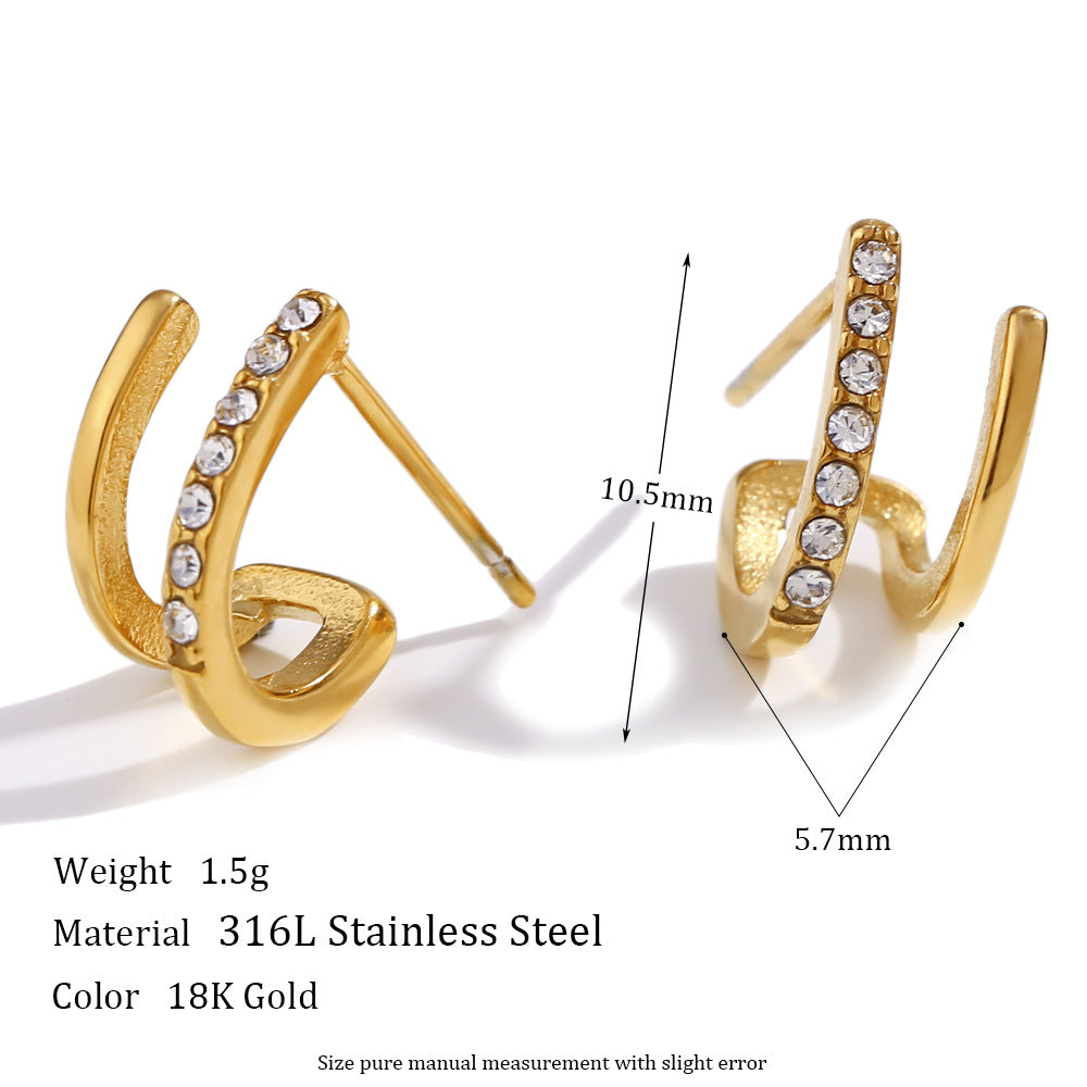 Orecchini da donna alla moda in acciaio inossidabile con geometria, placcatura in oro 18 carati e intarsio di zirconi