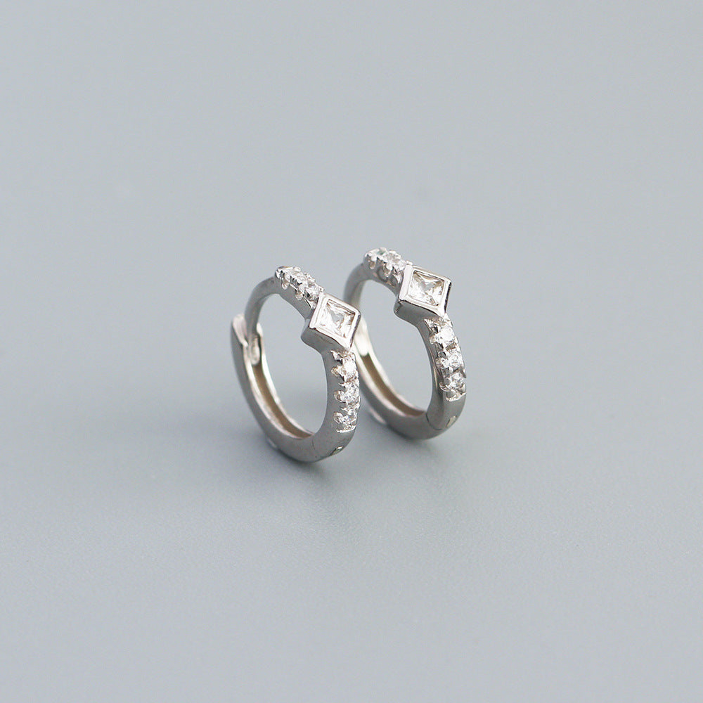 Minimalist Geometric S925 Sterling Silver Hoop Earrings with Rhinestone Inlay for Women