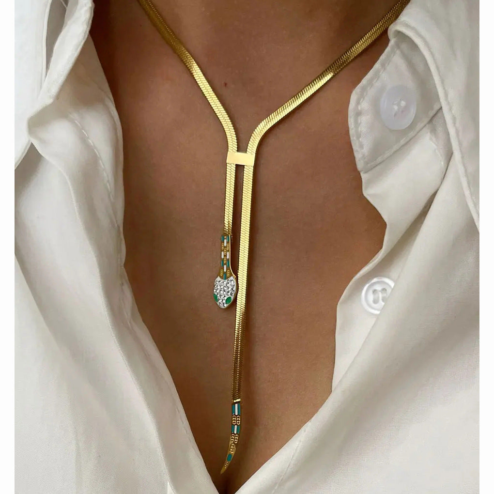 Minimalist Long Flat Snake Chain Necklace for Women with Alloy Pendant and Electroplated Finish