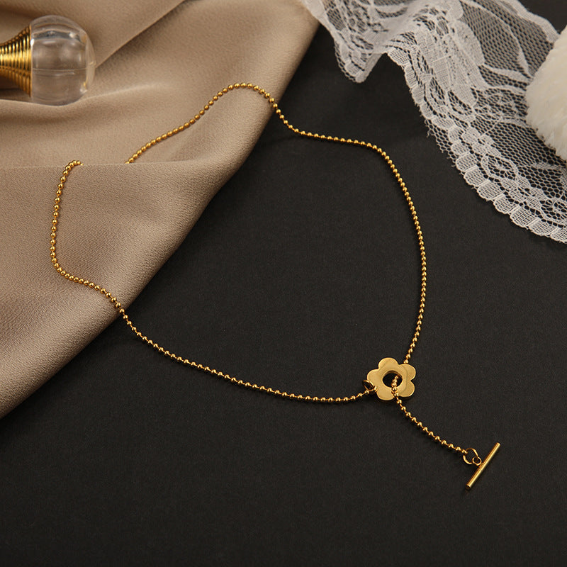 Minimalist Titanium Steel Floral Geometric Pendant Necklace for Women with Gold Plated Finish and Ball Chain