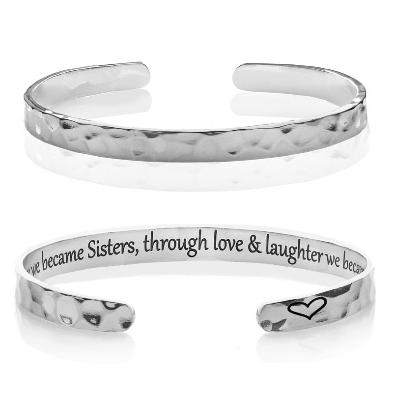 Minimalist Stainless Steel Engraved Open Moon Surface Textured Hammered Bracelet