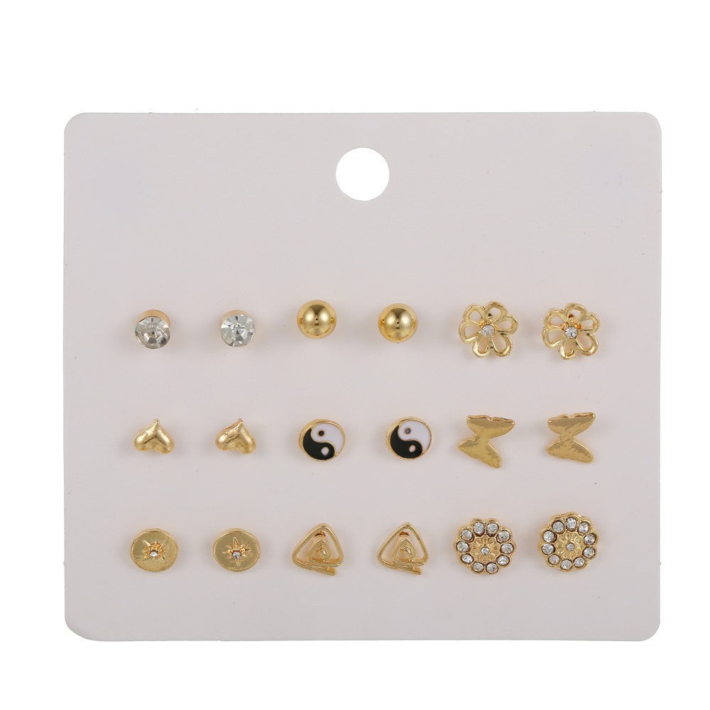 Vintage Sweet Heart Geometric Floral Rhinestone Inlay Alloy Stud Earrings Set