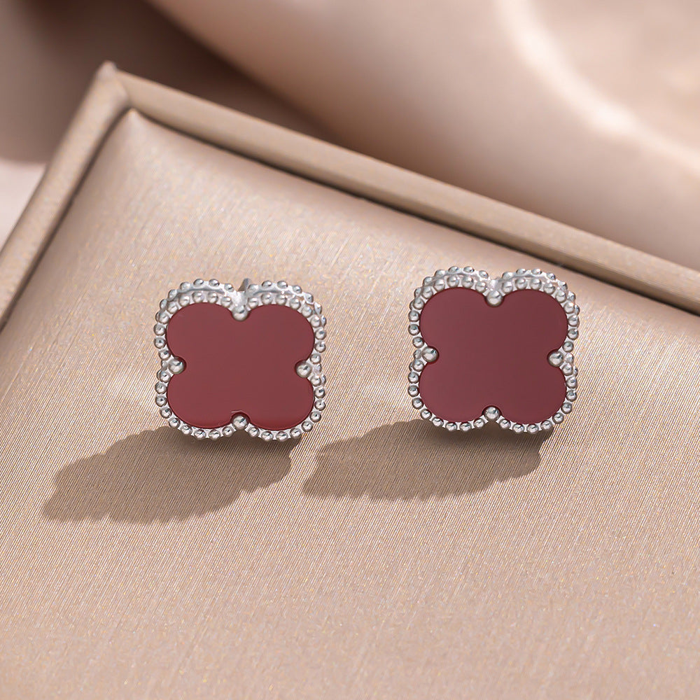 Minimalist Clover-Shaped Titanium Steel Necklace Set with Matching Bracelet and Earrings for Women