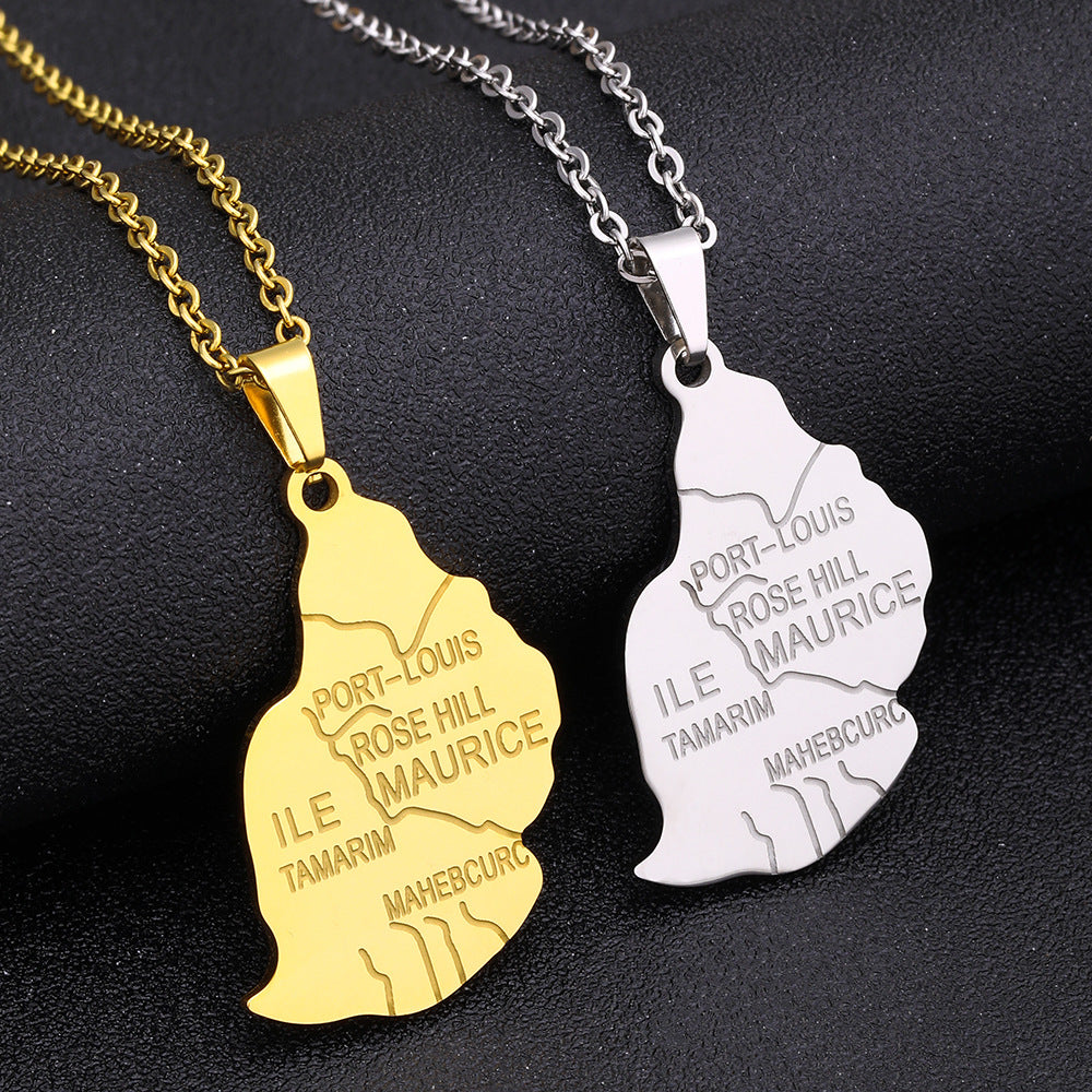 Collar con colgante de mapa geométrico de Mauricio en acero inoxidable chapado en oro con cadena tipo O para moda unisex