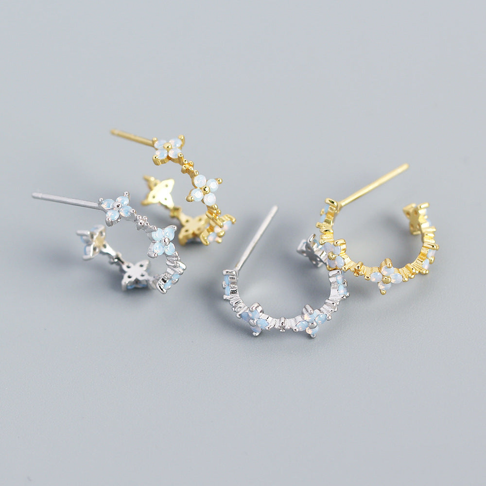 Sweet and Edgy Floral Clover-Shaped S925 Sterling Silver Stud Earrings with Milky White Stone Accents