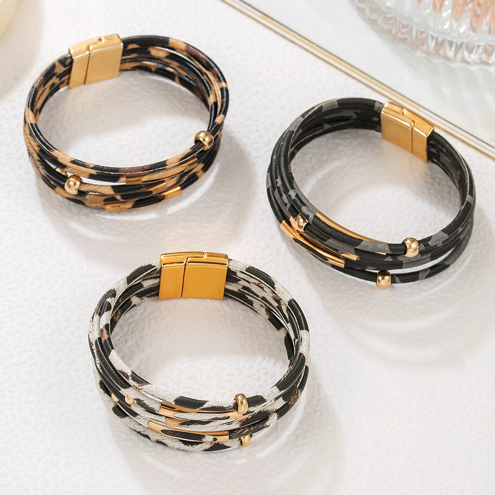Leopard Print Geometric Round Leather Alloy Bracelet Unisex
