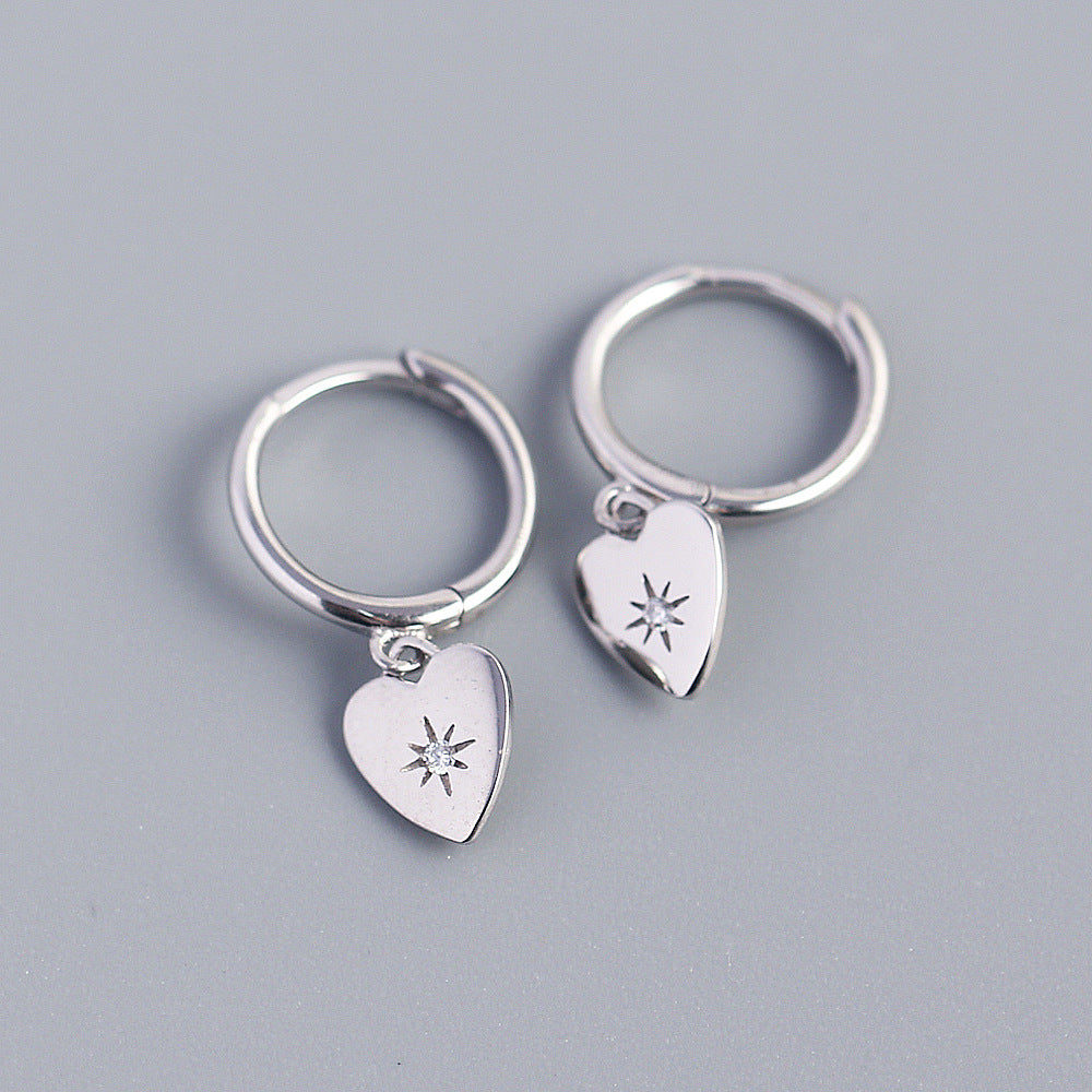 Eleganti orecchini a lobo minimalisti a forma di cuore in argento sterling S925 con intarsio di strass da donna