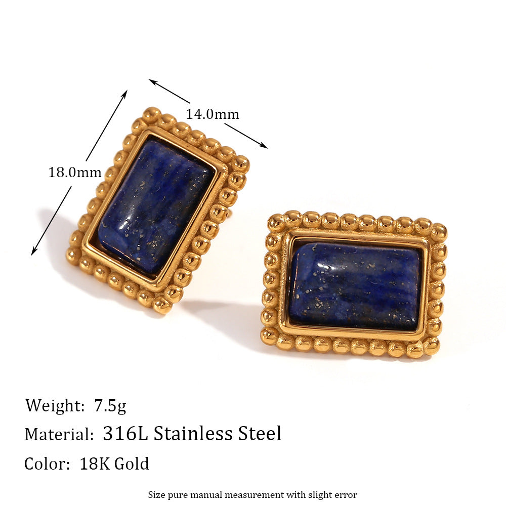 Vintage Geometric Stainless Steel Plated 18K Gold Lapis Lazuli Ring for Women