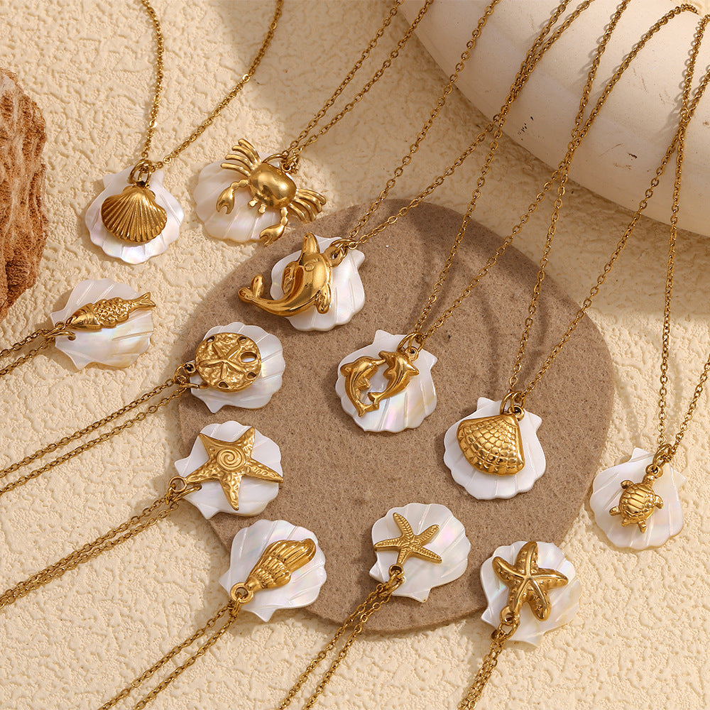 Minimalist Shell and Star Pendant Necklace in Stainless Steel with 18K Gold Plating for Women