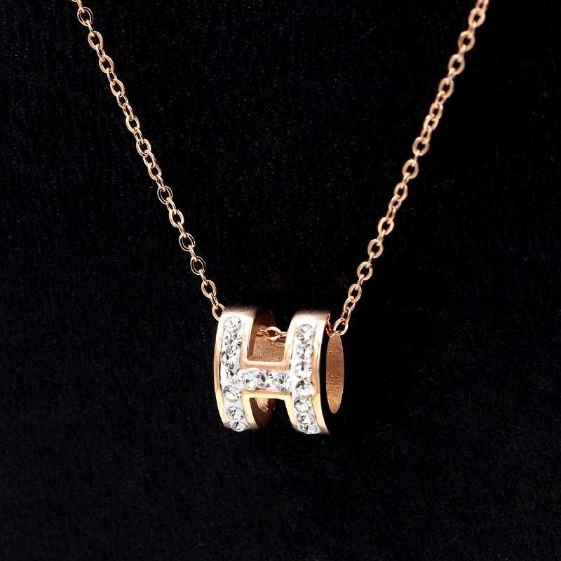 Minimalist Letter H Titanium Steel Necklace with Rhinestone Plated Pendant for Unisex