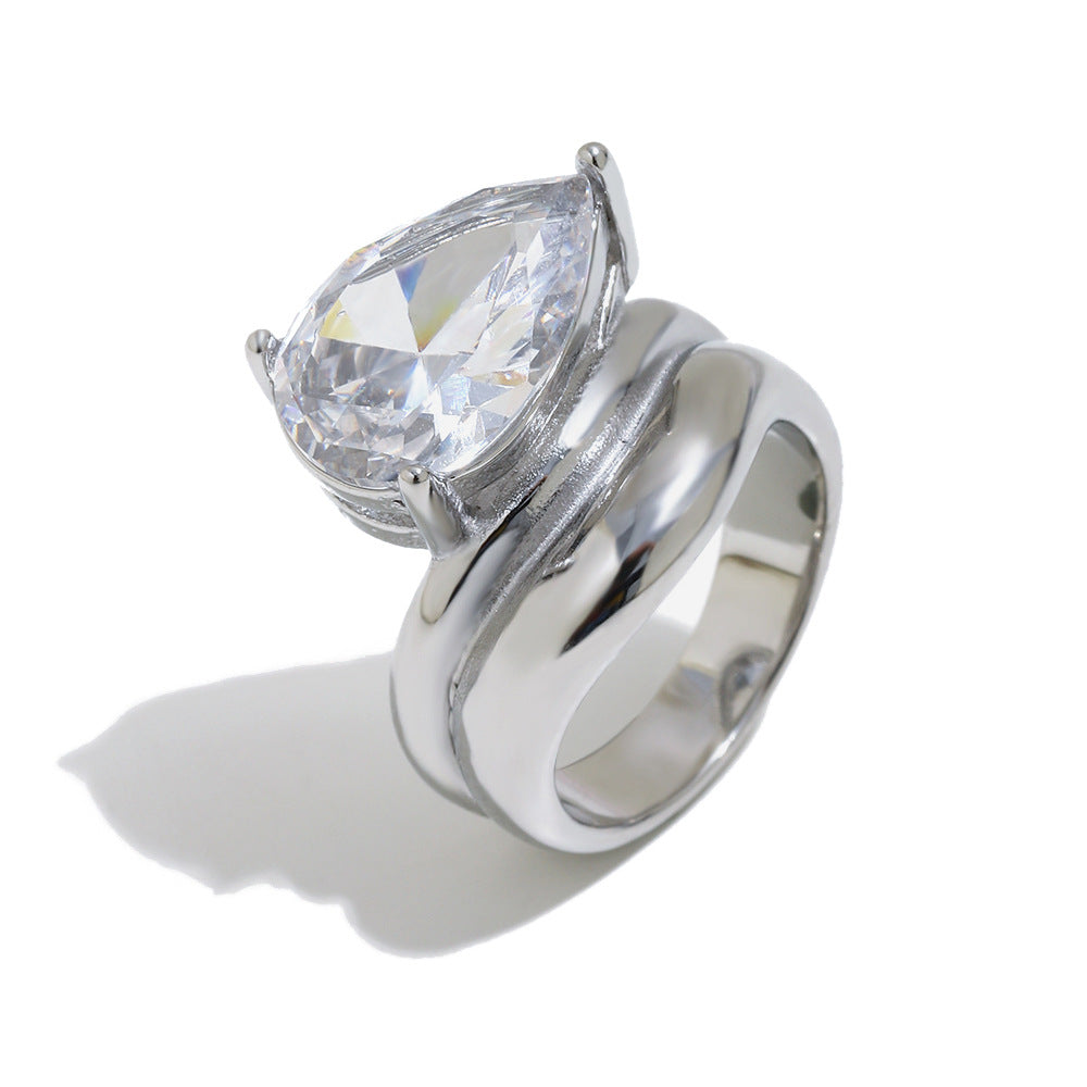 Minimalist Elegant 18K Gold Plated Stainless Steel Double Layer Teardrop Geometric Cubic Zirconia Ring for Women