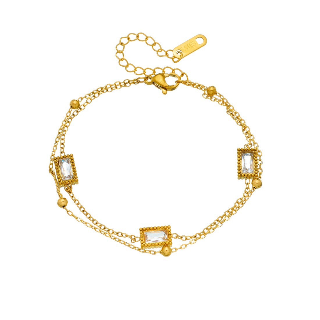 Minimalist Gold Plated Stainless Steel Square Rhinestone Double Layer Chain Bracelet for Women