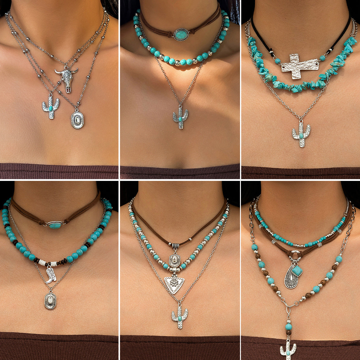 Vintage Bohemian Zinc Alloy Plated Cactus Leaf Pendant Ball Chain Necklace Set for Women