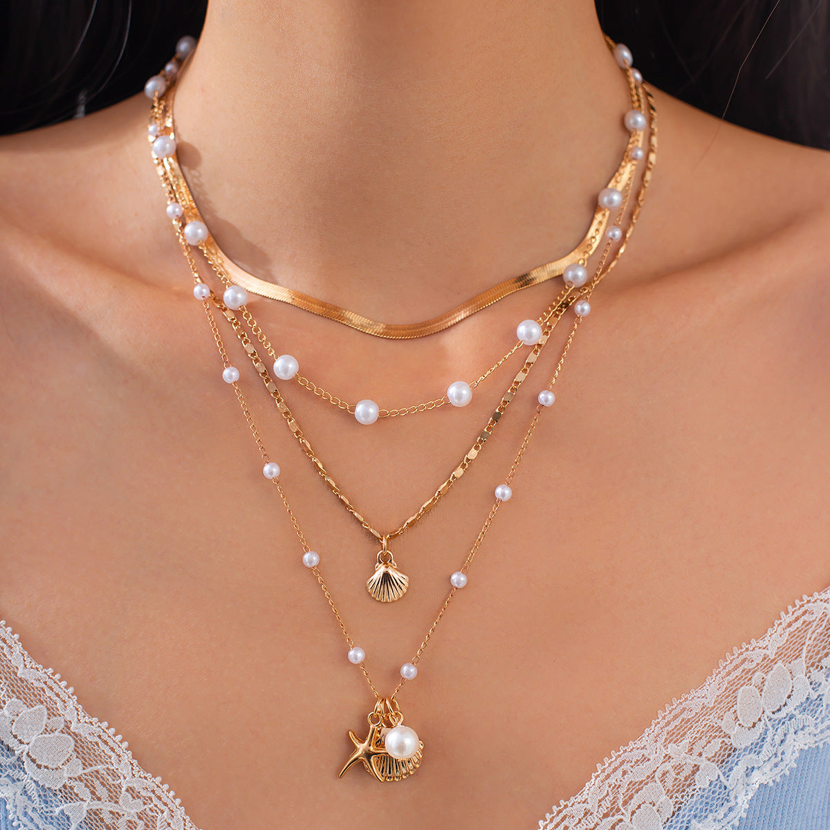 Minimalist Ocean-Inspired Star and Shell Pendant Necklace for Women with Imitation Pearl and Alloy, Plated Snake Chain