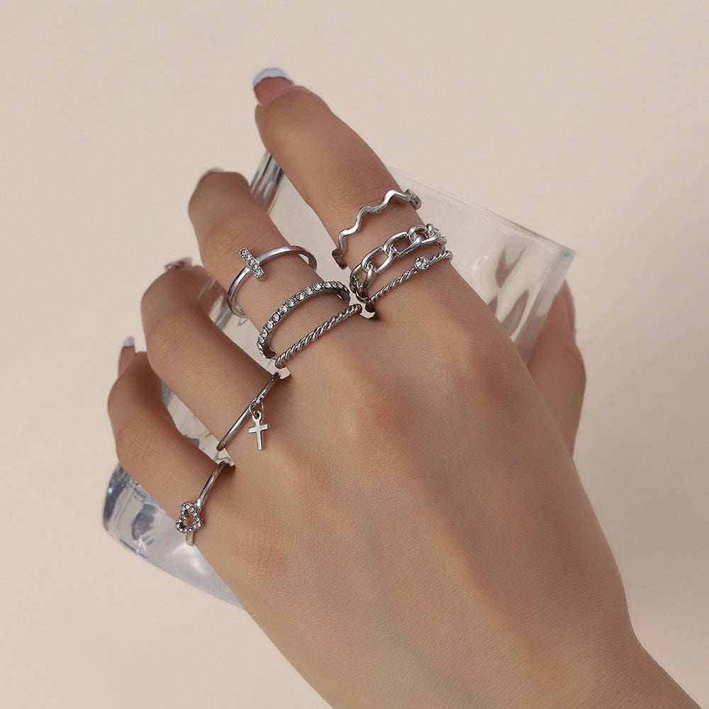 Minimalist Sweet Silver Plated Geometric Cross Heart Crystal Rhinestone Ring Set for Women