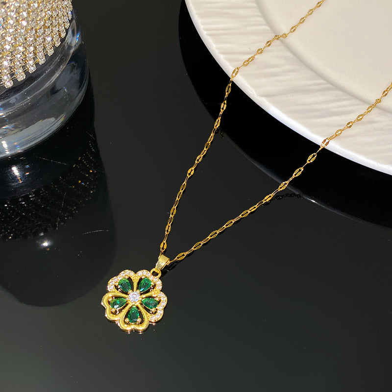 Luxury Floral Rhinestone Plated Titanium Steel Necklace with Brass Pendant for Unisex