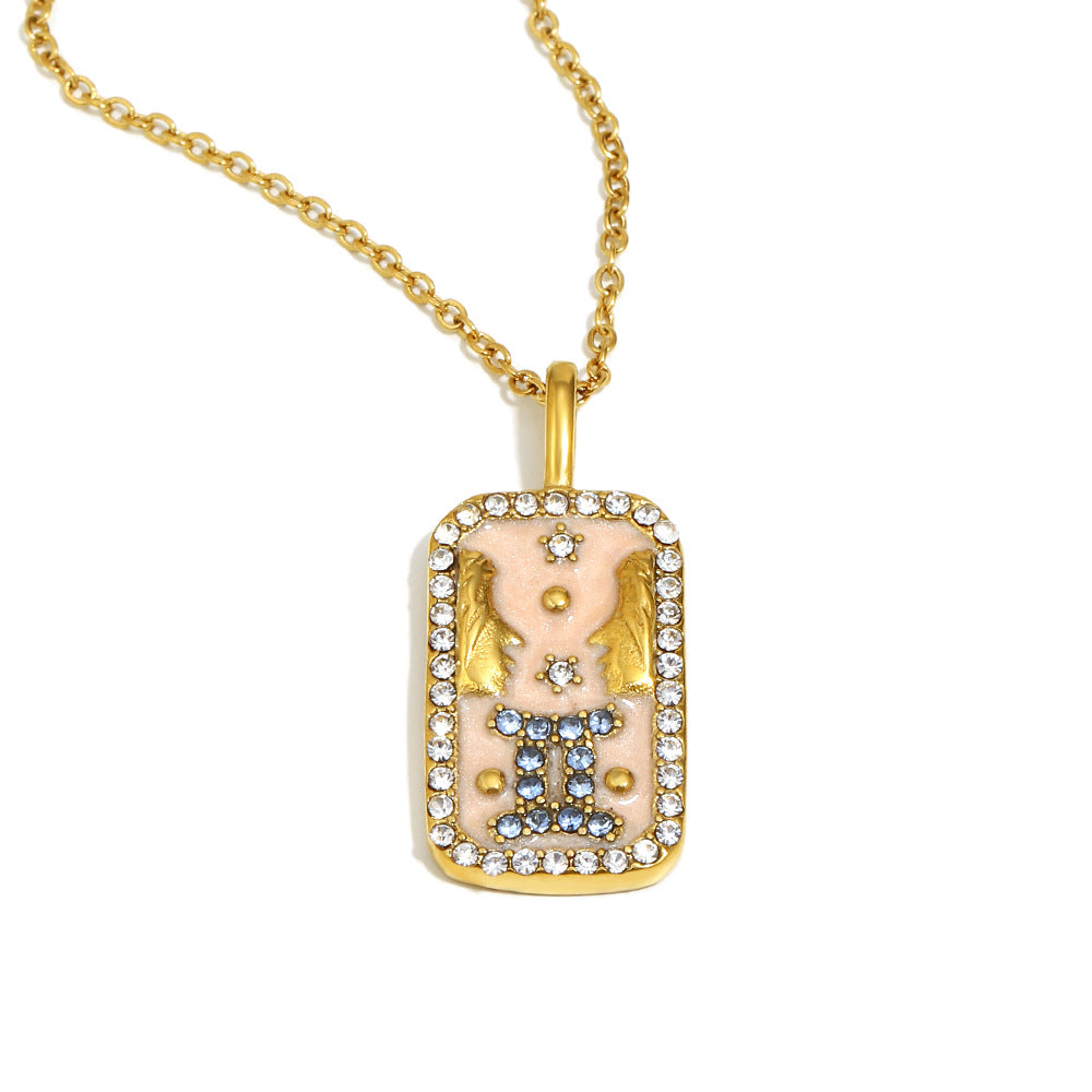 Collana con Pendente Minimalista Costellazione Zodiacale da Donna in Acciaio Inossidabile con Placcatura in Oro 18K e Intarsi in Smalto Dettagli in Strass Completi