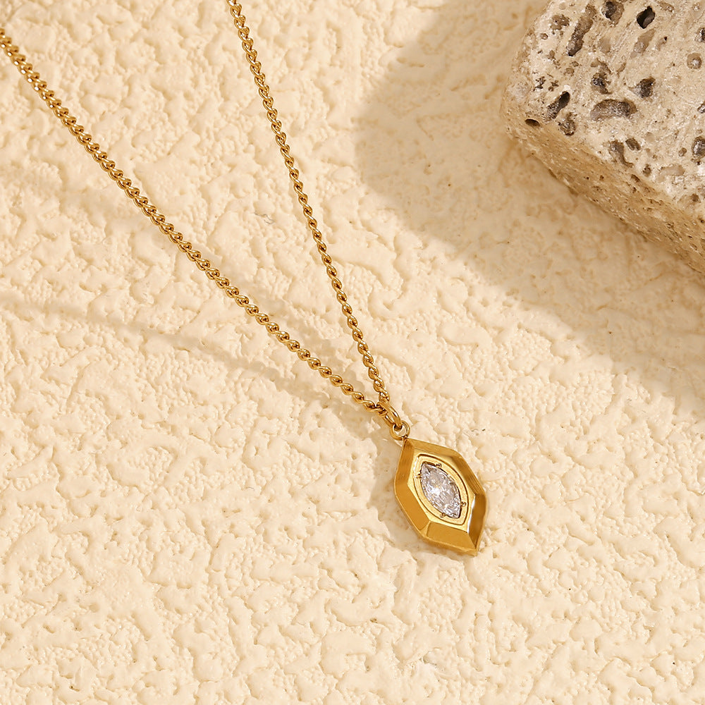 Minimalist Geometric Rhombus Pendant Necklace for Women in Stainless Steel with 18K Gold Plating and White Rhinestone Inlay