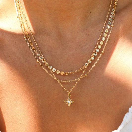 Minimalist Geometric Eight-Pointed Star Pendant Necklace in Stainless Steel with Titanium Steel Charm and PVD Vacuum Gold Plating for Women