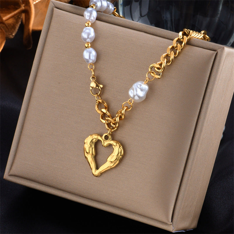 Fashionable Irregular Geometric Heart-Shaped Titanium Steel Plated Gold Multi-Layer Necklace for Women