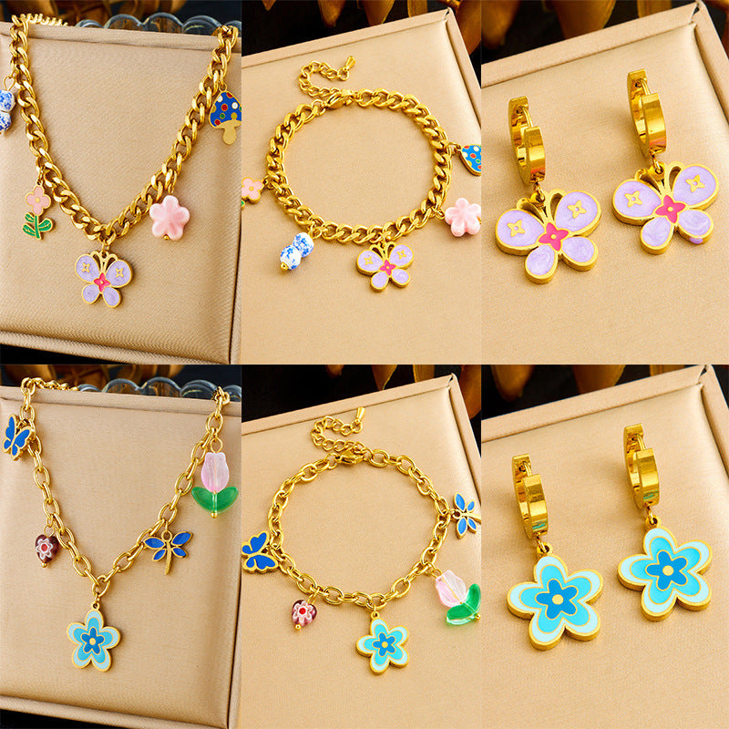 Sweet Colorful Drip Oil Flower Butterfly Pendant Gold Plated Stainless Steel Jewelry Set with Cable Chain
