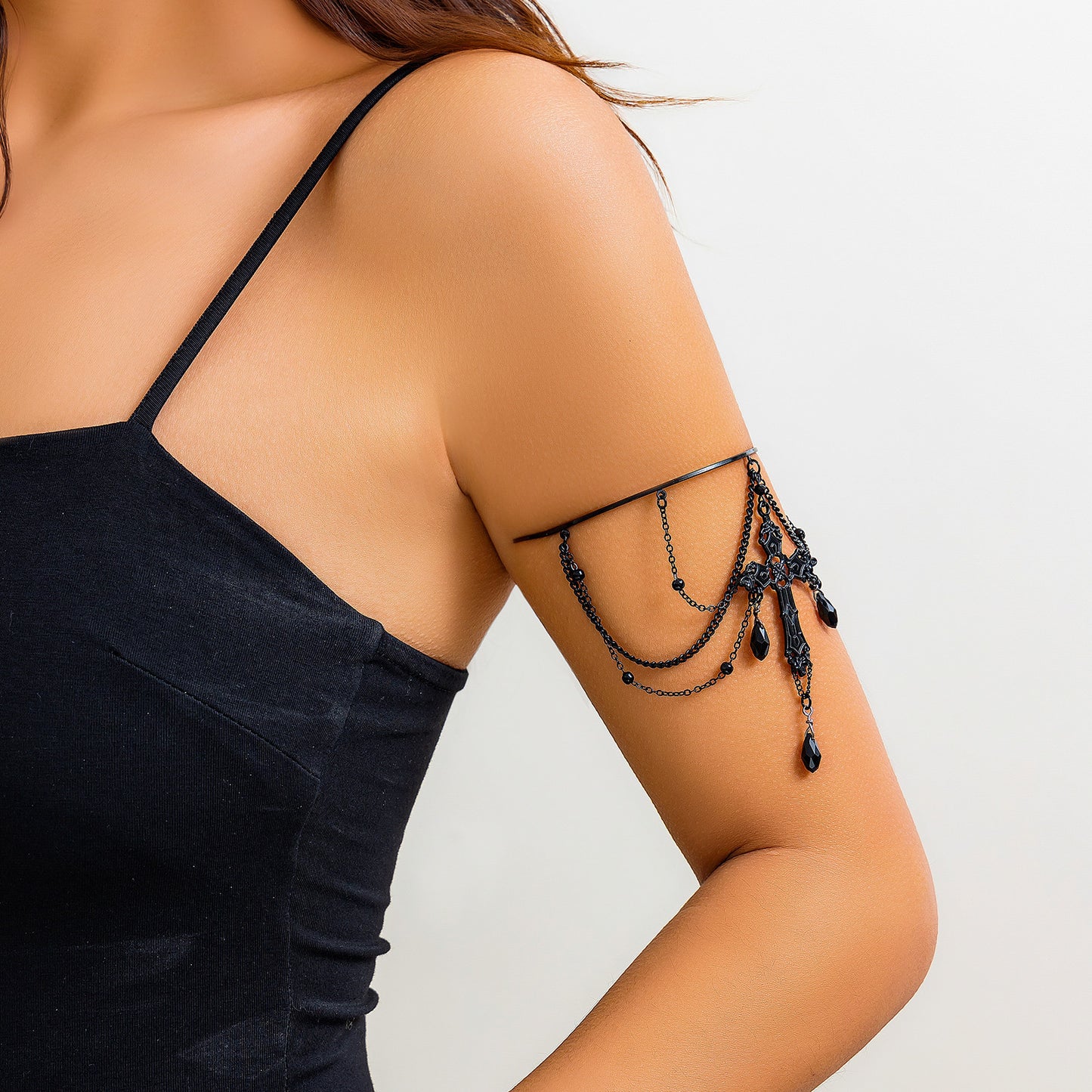 Sweet and Edgy Gothic Cross Pendant Butterfly Chain Multi-Layer Open Cuff Bracelet Leg Chain