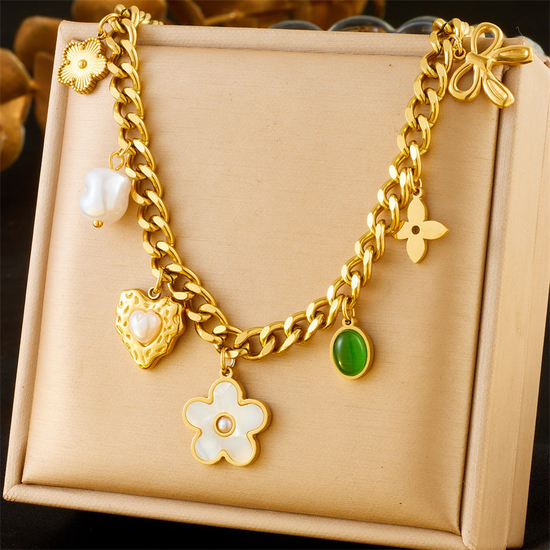 Vintage Pearl White Shell Floral Heart Bow Emerald Oval Pendant Stainless Steel Necklace for Women