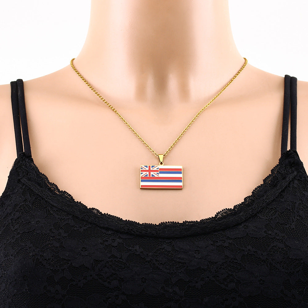 Collana con pendente rettangolare geometrico minimalista Stato delle Hawaii per donne e uomini in acciaio inossidabile smaltato Gioielli di moda unisex