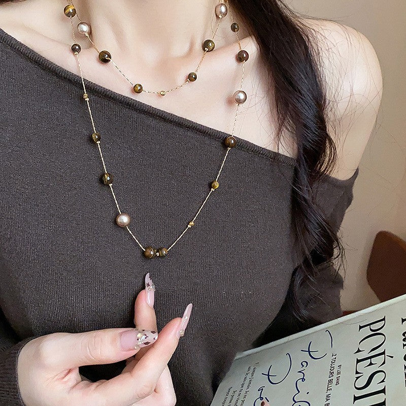 Collana pendente occhio di tigre in stile retrò con design geometrico da donna, catena a maglie color oro, accessorio minimalista di lusso