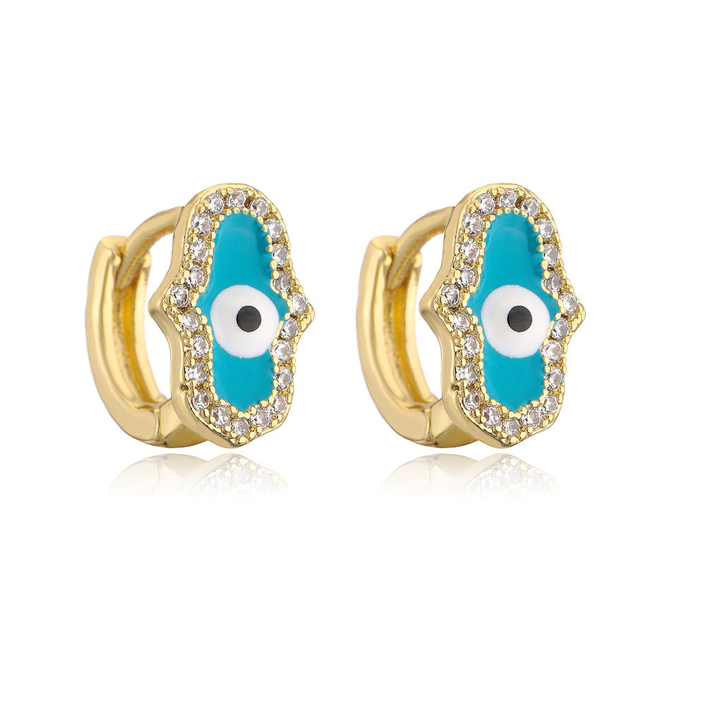 Minimalist Geometric Hand Eye Pendant Mini Earrings for Women with Copper Base Plated in 18K Gold and Enamel-Finished Zirconia Accents
