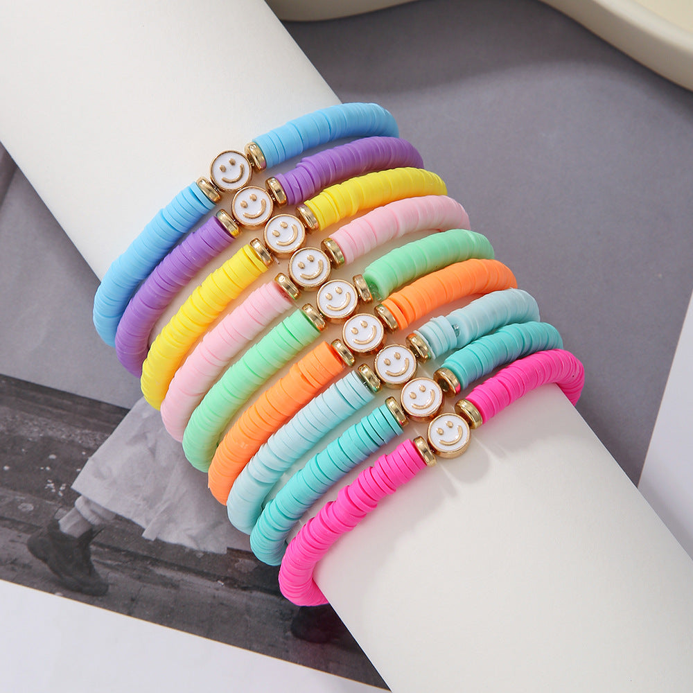 Bohemian Colorful Resin Drip Oil Round Geometric Smile Face Stacking Bracelet Set