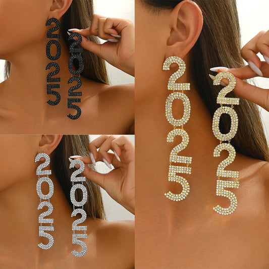 Orecchini a perno da donna in rame a forma di numero minimalista alla moda con intarsi in strass