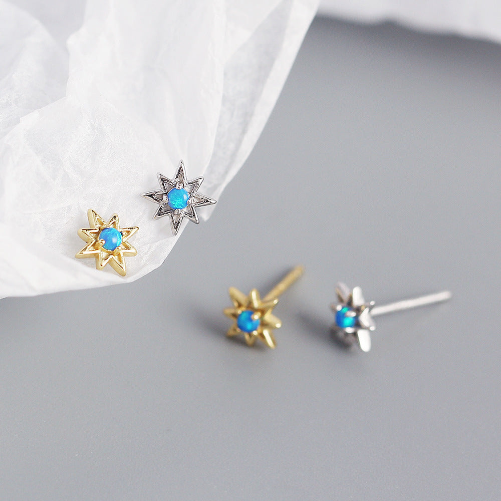 Sweet-Edgy Octagonal Star Shaped S925 Sterling Silver Opal Stud Earrings for Women