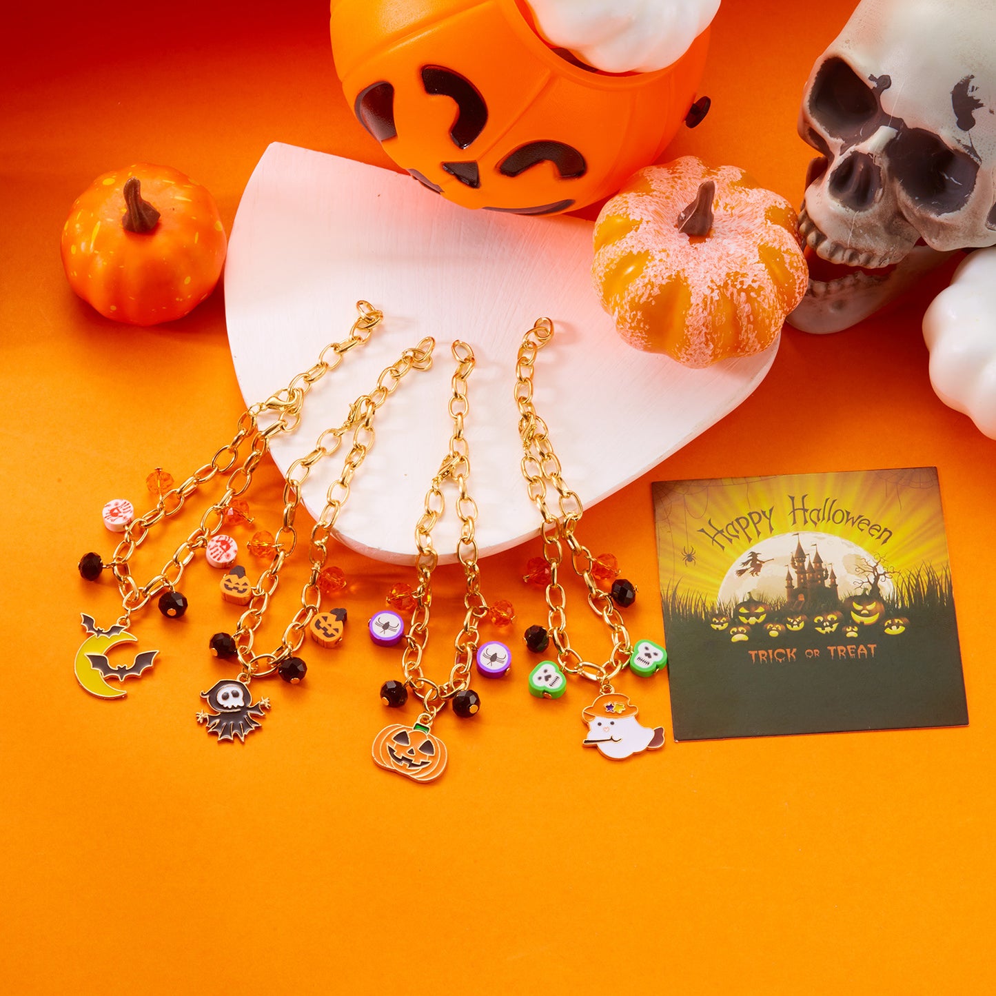 Cartoon-Style Halloween Ghost Pumpkin Bat Multi-Pendant Polymer Clay Bracelet with Plated Alloy