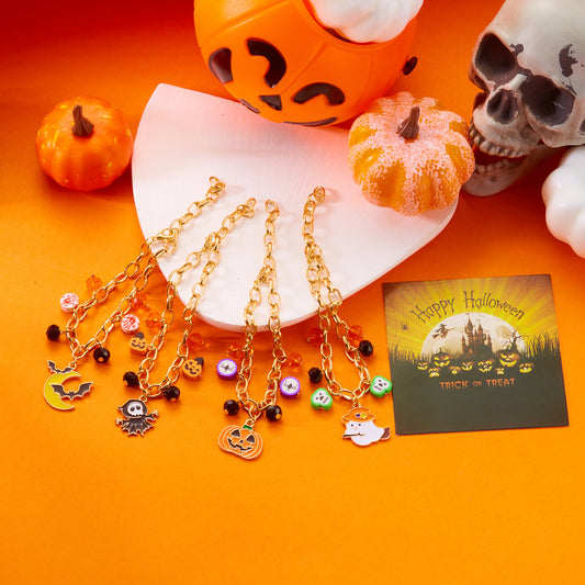 Pulsera de arcilla polimérica con diseño de dibujos animados de Halloween, fantasmas, calabazas, murciélagos, con dijes múltiples y aleación chapada.