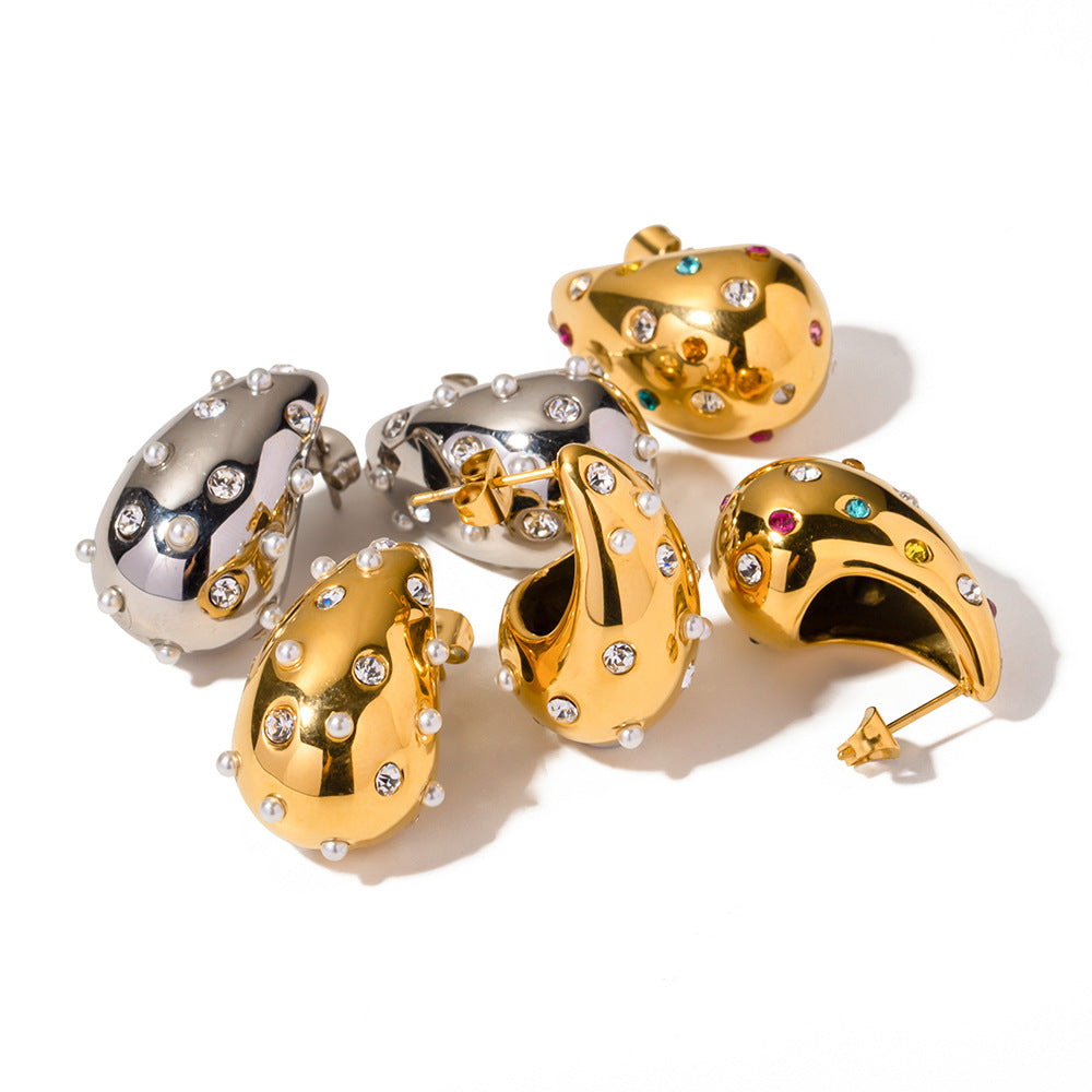 Fashionable 18K Gold Plated Geometric Water Drop Titanium Steel Earrings with Cubic Zirconia for Women