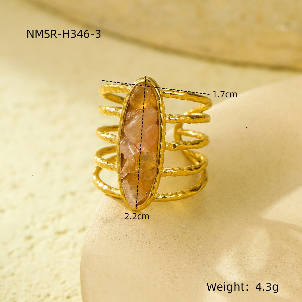 Anello Aperto Minimalista Geometrico in Acciaio al Titanio Placcato Oro 18K con Intarsio in Pietra Naturale