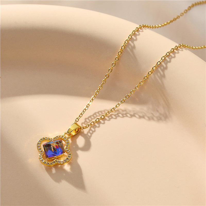 Minimalist 18K Gold Plated Titanium Steel Four-Leaf Clover Blue Crystal Pendant Necklace Water Wave Chain