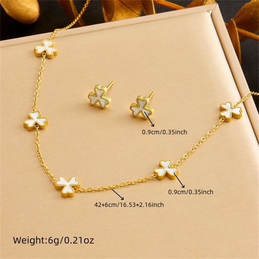 Vintage Minimalist Stainless Steel Plated Three-Petal Flower Jewelry Set with Cable Chain for Women