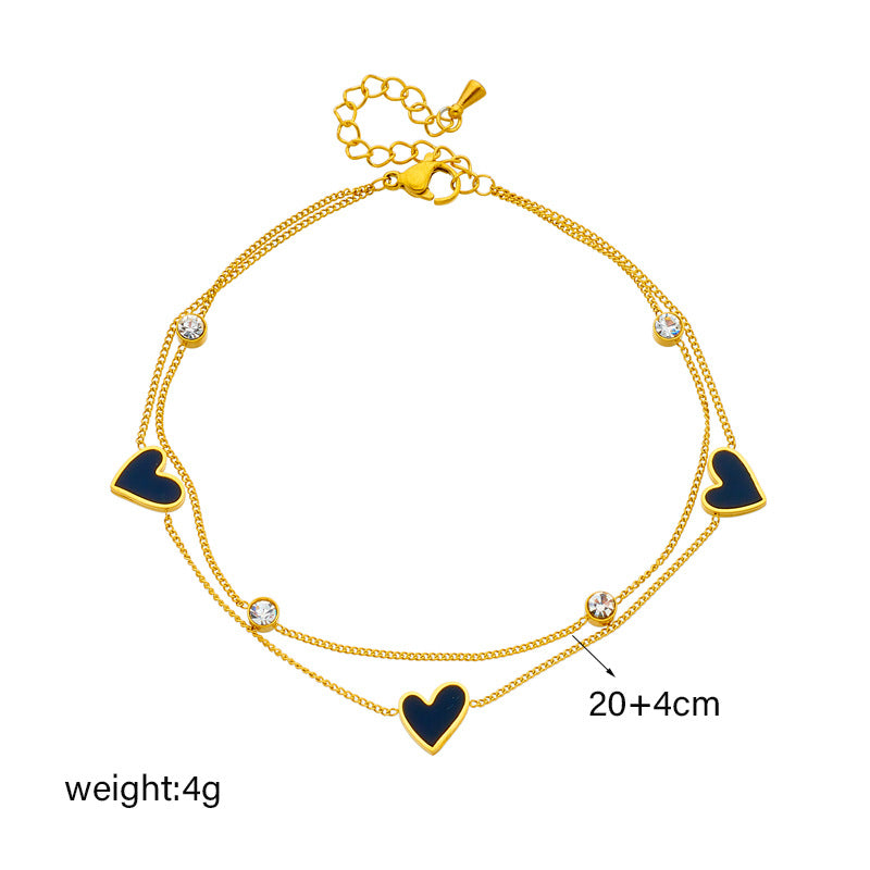 Minimalist Heart-Shaped Titanium Steel Anklet with Black and White Enamel Accents for Women