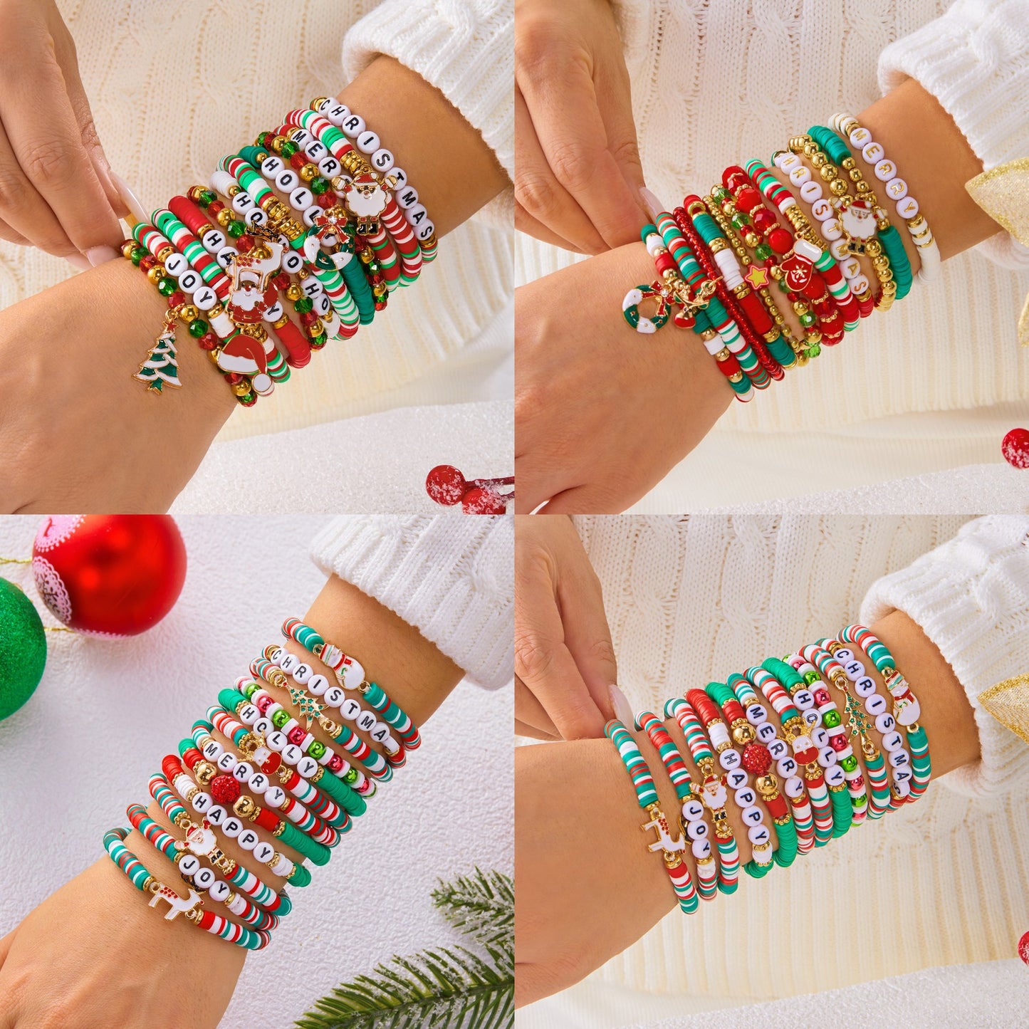 Sweet-Edgy Christmas-Themed Animal-Shaped Alloy Bracelet Set with Electroplated Finish and Elastic Cord