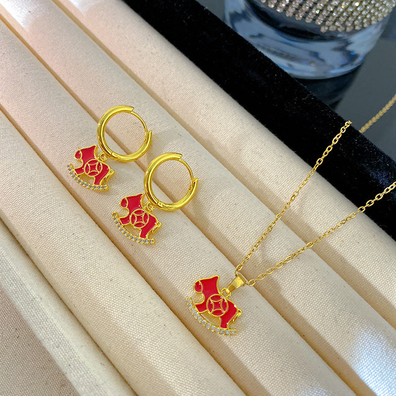 Sweet Sporty Micro-Paved Cubic Zirconia Red Horse Animal Pendant Titanium Steel Necklace with Matching Earrings