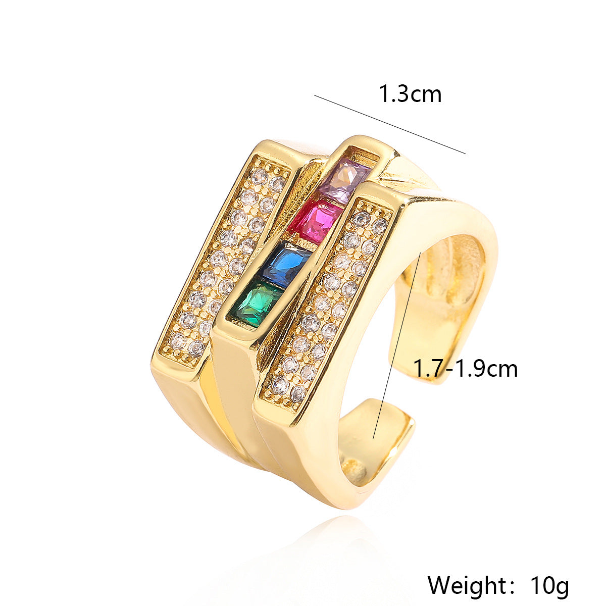 Anello Aperto Geometrico Minimalista da Donna in Rame con Placcatura in Oro 18K e Intarsio in Zirconi