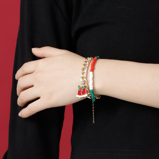 Bracciale geometrico a due livelli, minimalista, da donna, con base in lega e finitura placcata, con motivo a cappello di Natale e perline Miyu color block