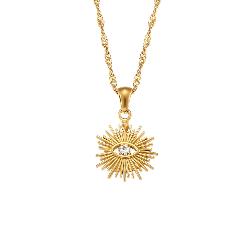 Collar con Colgante de Ojo Turco de Moda en Acero Inoxidable con Incrustaciones de Pedrería Radiante Hueca y Cadena Ondulada para Mujer
